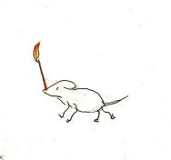 Line drawing of a mouse running with a lit match in its mouth